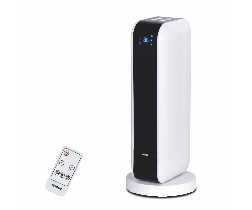 New White Optimus H-7319 17In Oscillating Tower Heater w/ Remote Digital Readout