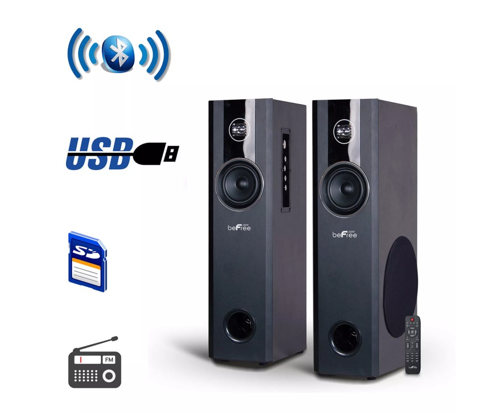 New Black beFree 2.1 Channel Bluetooth Dual Tower Speaker w/ Optical USB SD FM